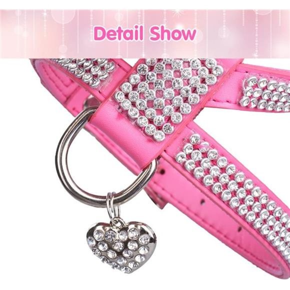 Dog Harness Genuine Leather Soft Padded Pet Sparkly Rhinestone Vest with Heart - Picture 2 of 6
